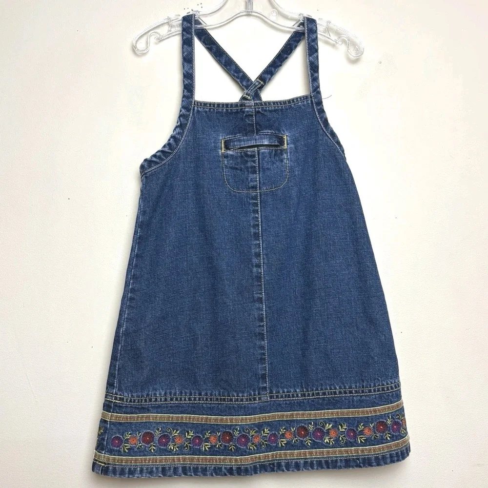 Vintage Girls Gymboree Sz M - 4y Denim Jean Dress Embroidered Flowers